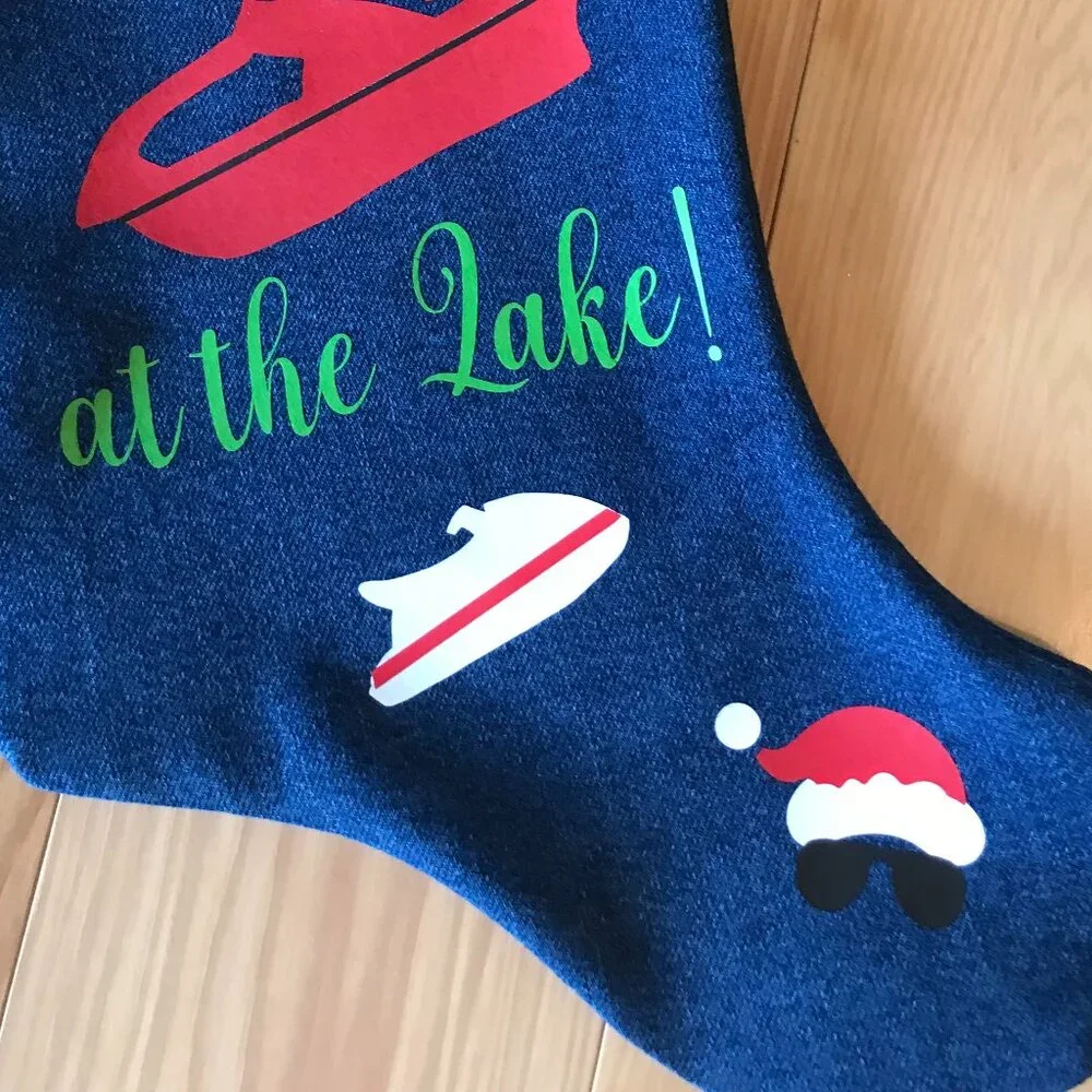 Denim Christmas Stocking Lake House Christmas Decor, Boating Fishing Applique